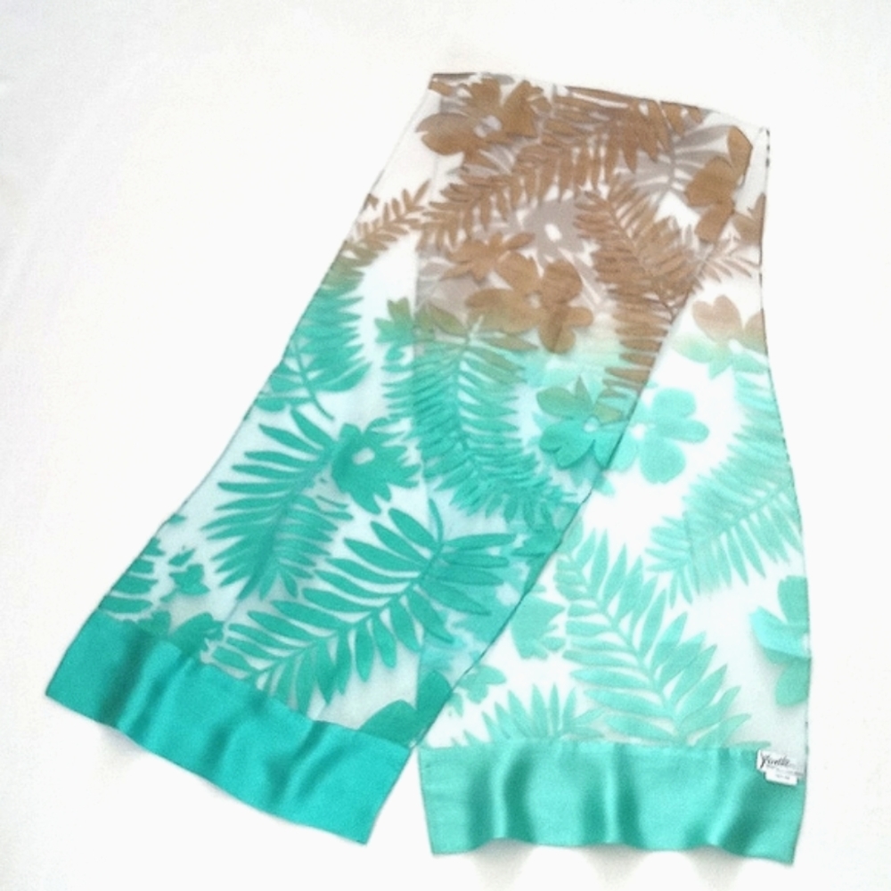 Kavita 100% Silk Aqua Painted Long Scarf In Teal, Sky Blue & Earth Tone Browns - Picture 4 of 15
